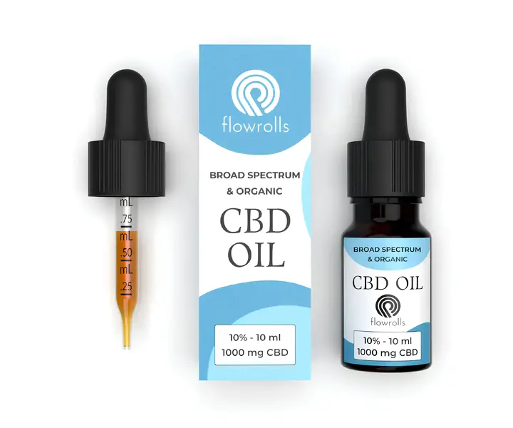 Стеклянный флакон с пипеткой и картонная упаковка масла CBD Flowrolls 10%