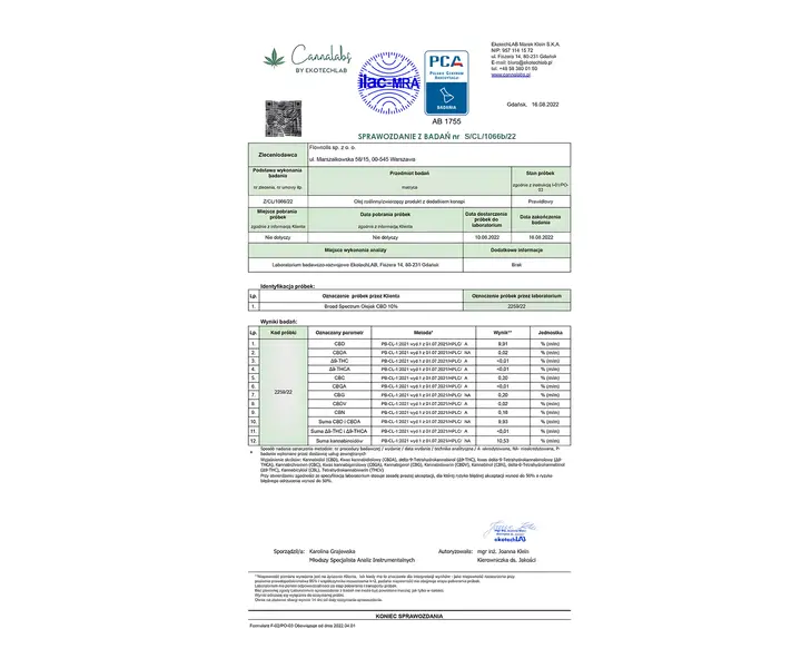 Сертификат качества масла CBD Flowrolls 10% - официальный документ, подтверждающий соответствие продукта стандартам